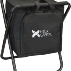 A black folding chair with a built-in cooler bag featuring the Helix Capital logo. The chair has a sturdy metal frame and a zippered compartment for storage.