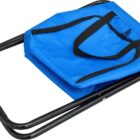 A folded blue camping chair with a black metal frame. The chair has a built-in storage compartment, accessible with black zippers and handles.
