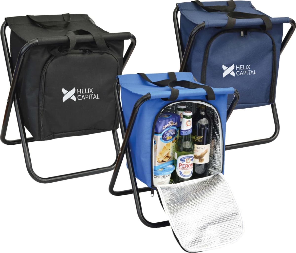 Three collapsible cooler bags with handles, two in black and one in blue, with Helix Capital logo. One blue cooler is open, revealing contents including drinks and snacks. Each cooler has a metal frame for support.