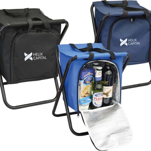 Three folding cooler chairs with metal frames are shown. One is open, displaying drinks and snacks inside. The chairs come in blue and black, with the Helix Capital logo on each.
