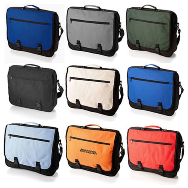 Grid of nine messenger bags in various colors: dark blue, gray, green, black, white, royal blue, light blue, orange, and red. Each bag has a front zipper pocket and buckle closures, with a carrying handle and shoulder strap.