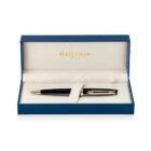 A sleek black and gold pen is displayed inside a blue and cream Waterman gift box. The box is open, revealing the elegant pen, with Waterman Paris written in gold on the inside lid.