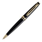 A sleek black ballpoint pen with gold accents, featuring a gold clip and band near the cap. The pen is positioned diagonally against a white background, showcasing its luxurious and elegant design.