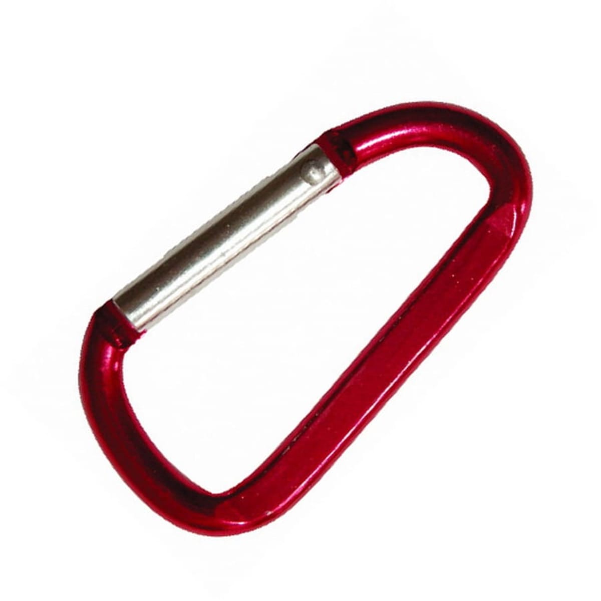 A red carabiner with a silver gate, shown on a white background.