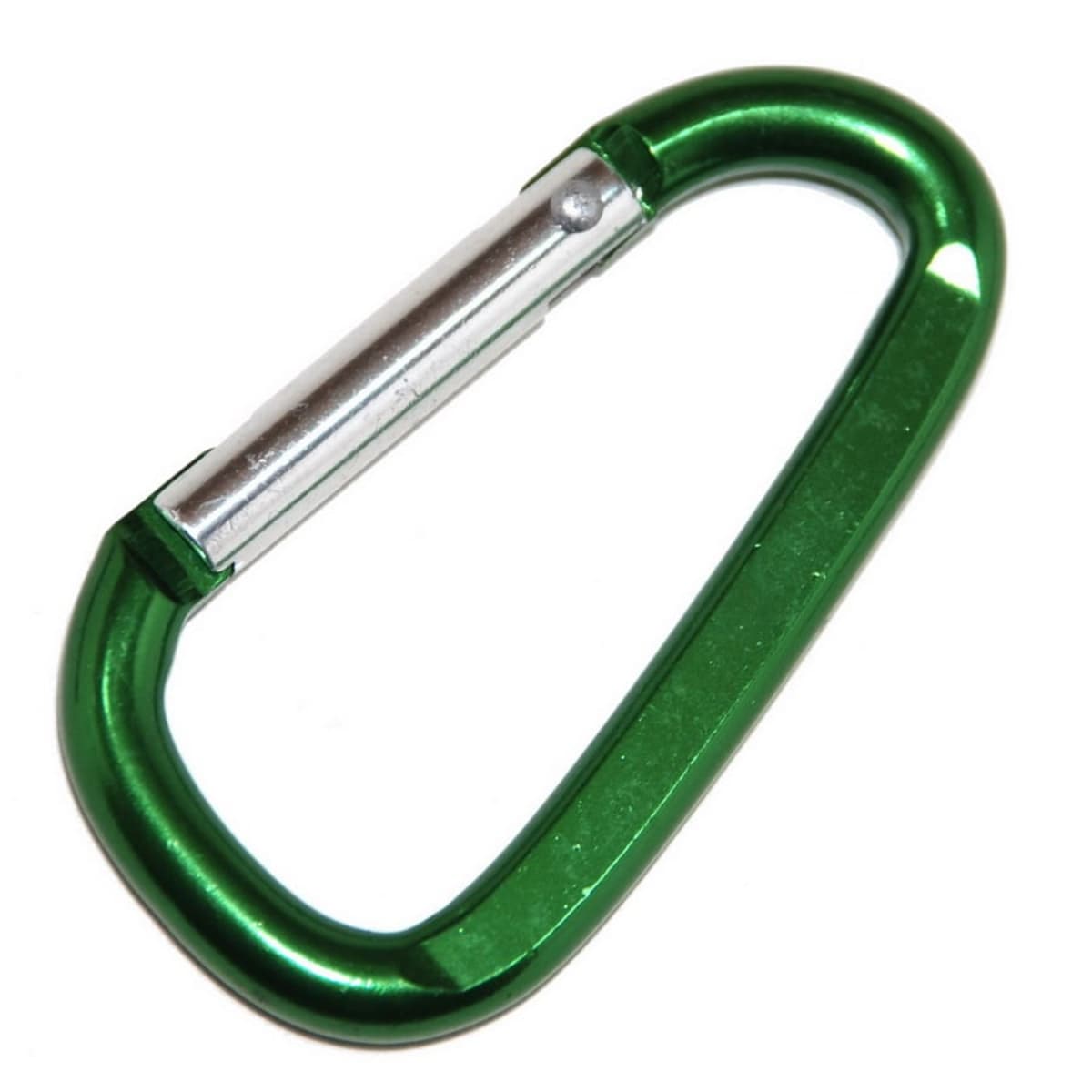 A green metal carabiner with a silver gate is shown against a white background.