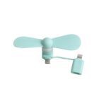 A small, portable, mint green fan with two blades. It features a connector for mobile devices, presumably to power the fan. The fan is designed to be compact and easily transportable for personal use.