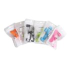 Six USB mini-fans in assorted colors (orange, white, black, green, blue, and pink) are packaged in transparent plastic bags with hang tabs. They are arranged in a fan-like layout against a white background.