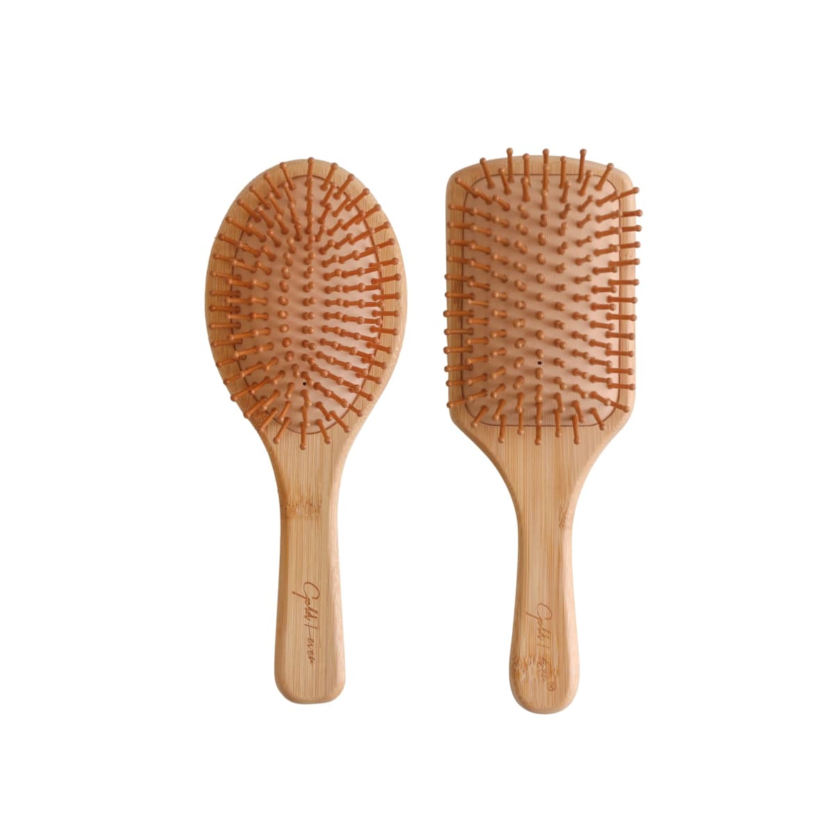 Two wooden hairbrushes are shown against a white background. One has an oval shape and the other is rectangular. Both have brown bristles and engraved text on their handles.