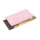 A pink and a camouflage-patterned towel are neatly folded and stacked together. The pink towel is on top, featuring a partial brand logo in white. The camouflage towel below has a partial design with some text visible.