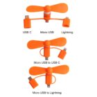 Orange mini fans with different connectors: USB C, Micro USB, and Lightning. Each fan has a two-blade design. Versions include Micro USB to USB C and Micro USB to Lightning adapters attached under the blades.
