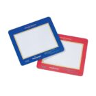 Two rectangular photograph frames with white centers. One frame is blue with a gold border and the other is red with a gold border. Both have small text and a logo on the bottom.