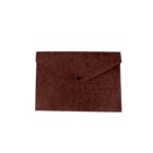 A brown, rectangular felt envelope with a triangular flap and a single black button closure, set against a white background.