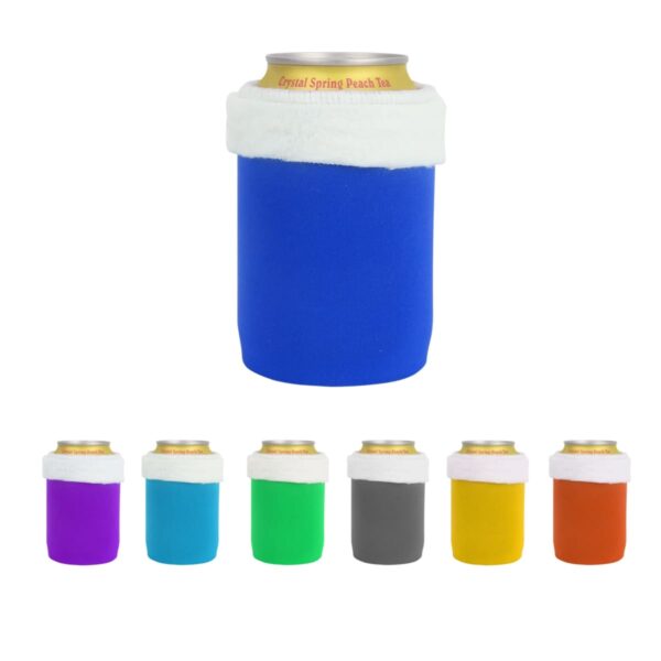 Seven colorful can coolers with white trim, displayed in a row. Each cooler holds a can, with colors from left to right: purple, blue, teal, green, gray, yellow, and orange. Above them, a large blue cooler with a can is prominently shown.