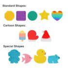 An assortment of pop-it toys: hexagon, square, circle, star, and heart in various colors; ice cream, heart, and Santa hat; cartoonish astronaut, fish, duck, and hippopotamus shapes. Labeled categories are Standard Shapes, Cartoon Shapes, and Special Shapes.