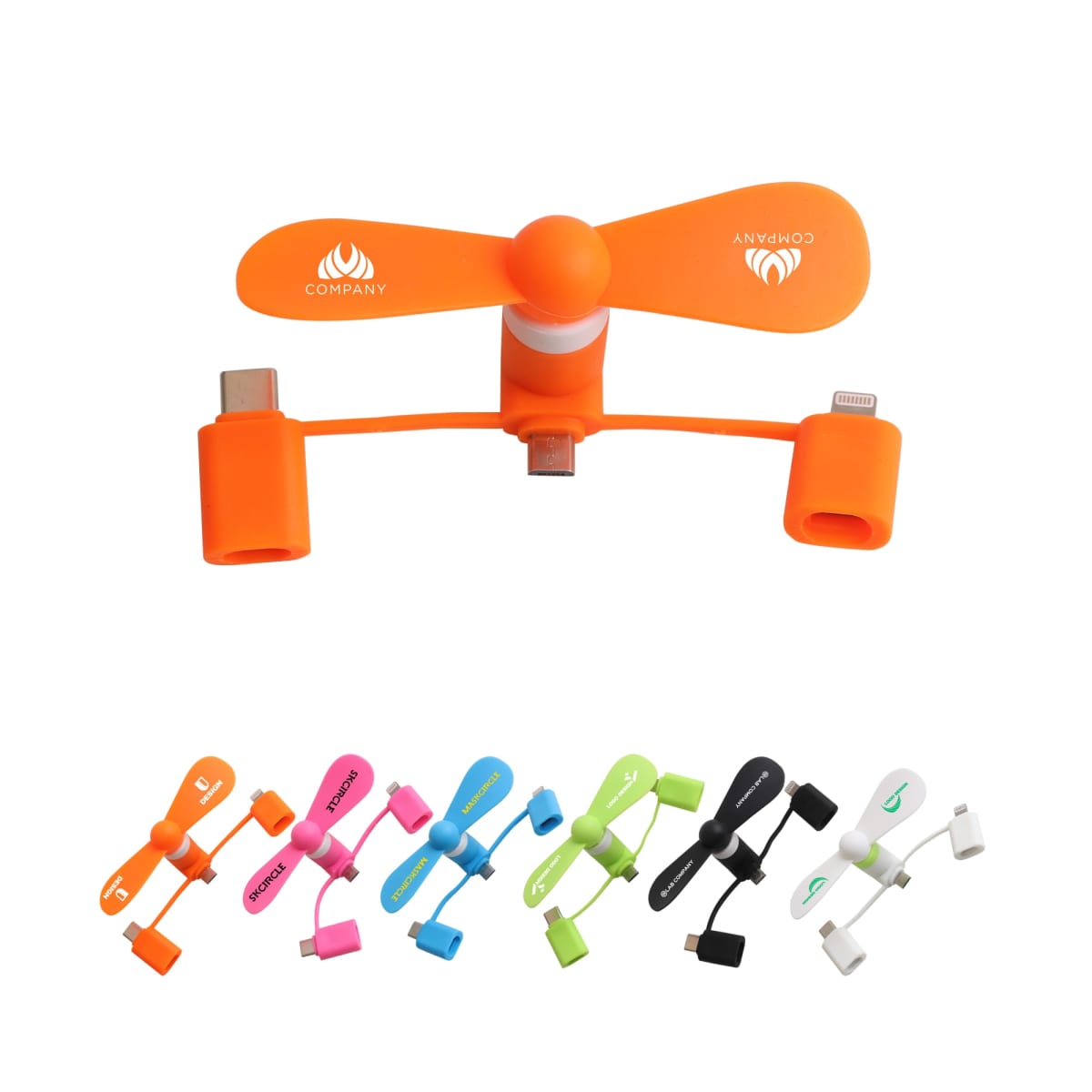 A collection of small fans in various colors including orange, pink, blue, green, black, and white. Each fan has dual connectors for USB and Lightning ports. The orange fan is prominently displayed above the others.