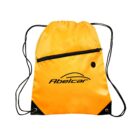 A bright orange drawstring backpack with black string straps and a front zippered pocket. The backpack features the text Abelcar in black, with a stylized car design above the text.