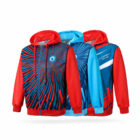 Three colorful hoodies displayed side by side. The designs feature abstract, dynamic patterns with red, blue, and black accents. The hoodies have a sporty, modern look, with contrasting sleeves and a combination of zip-up and pullover styles.
