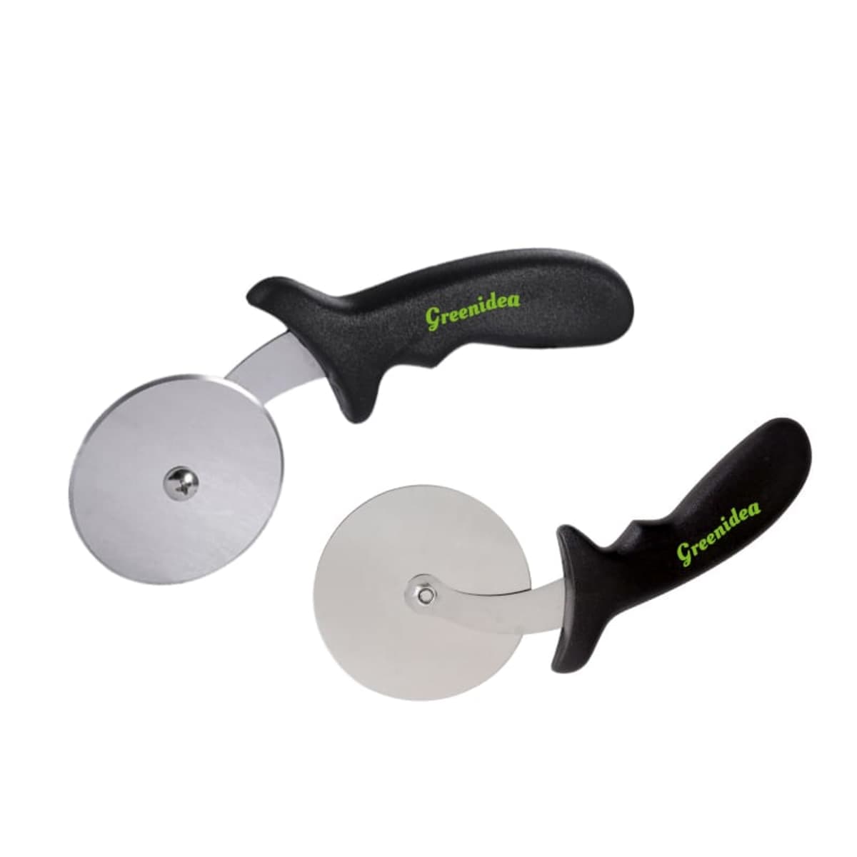 Two pizza cutters with black ergonomic handles and silver circular blades. The word Greenidea is printed in green on each handle. The cutters are positioned side by side, one angled slightly upward.