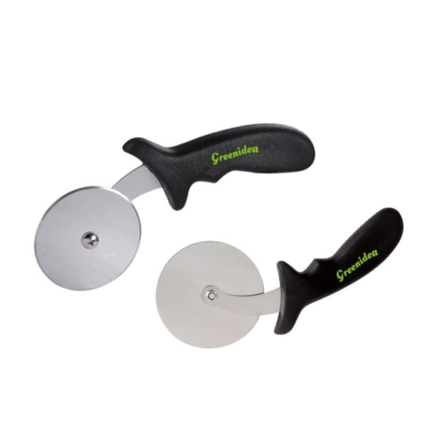 Two pizza cutters with black handles and shiny silver blades are shown. The handles have the word Greenidea written in green. The cutters are positioned in different orientations on a white background.