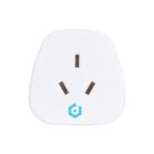 White electrical wall plug adapter with a minimalist design and a small blue symbol at the bottom center. The adapter has three rectangular prong slots arranged in a triangular pattern. The background is plain white.