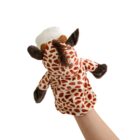 A hand wearing a giraffe-themed hand puppet with brown and white spots. The puppet has soft brown ears, small horns, and a playful mane, set against a plain white background.
