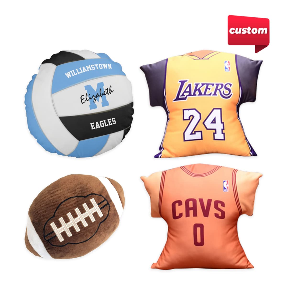 Four sports-themed pillows are displayed: a custom blue and white basketball, a Los Angeles Lakers jersey with the number 24, a brown football, and a Cleveland Cavaliers jersey with the number 0. A custom tag is in the top right corner.