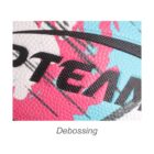 Close-up of a textured surface with embossed text on a colorful background. The text is in black with a pattern that adds depth and dimension. The background features a mix of pink, white, and blue hues. The word Debossing is below the image.