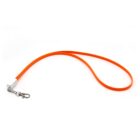 An orange lanyard with a metal swivel hook clasp lies on a white surface.