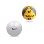 Two soccer balls on a white background. One is yellow with colorful geometric patterns and the word TELESALE. The other is white with black hexagonal patterns and the word Sport.