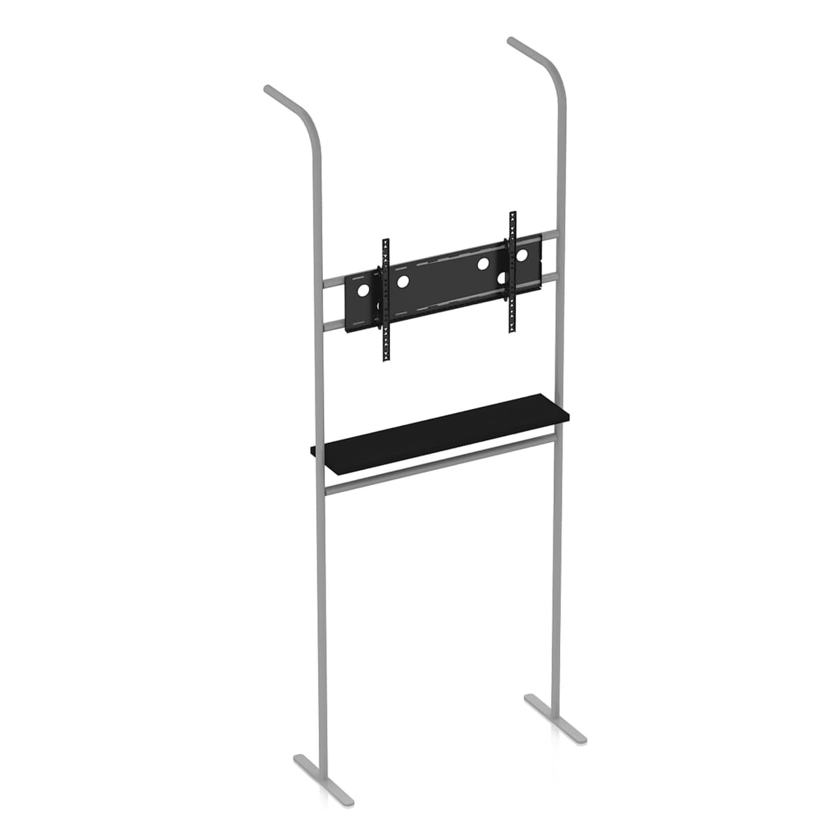 A minimalist metal TV stand with a black shelf underneath the TV mount. The stand has two tall, slender poles with a rectangular base and is designed for holding a flat-screen TV.