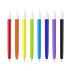 Eight colorful pens aligned in a row on a white background. The colors from left to right are red, orange, yellow, light green, green, blue, purple, and black. Each pen has a white clicker at the top.