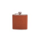 A stainless steel hip flask with a brown leather cover. The leather is embossed with the initials MS and the word COMPANY. The flask features a screw cap attached to the top.