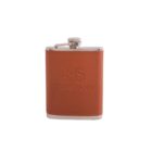 A stainless steel hip flask with a brown leather cover, embossed with MS Company on the front. It features a screw-on cap.