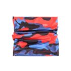 A multipurpose neck gaiter with a vibrant red, blue, and black camouflage pattern. The fabric is gathered slightly in the middle, and a small UPF 50+ logo is visible in the upper right corner.