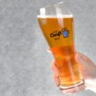 Hand holding a tall, curved glass filled with amber craft beer, featuring a frothy white head. The glass has a logo with a blue beer mug and the text Craft Beer. The background is a textured gray surface.