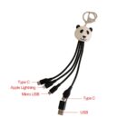 A cute panda keychain with four black cables extending from it, labeled as USB, Type C, Apple Lightning, and Micro USB connectors. Each cable ends with its respective connector, designed for different device compatibility.
