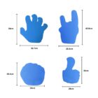 Four blue foam hand shapes with dimensions shown. Top left: open hand, 38cm x 36.7cm. Top right: rock gesture, 45.9cm x 26.5cm. Bottom left: fist, 30.4cm x 33cm. Bottom right: thumbs up, 38cm x 26cm.
