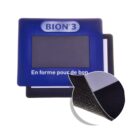 Blue rectangular object with text BION 3, featuring a viewing window. Below, a magnified view of layered texture, including woven and smooth surfaces, is shown on a circular inset.