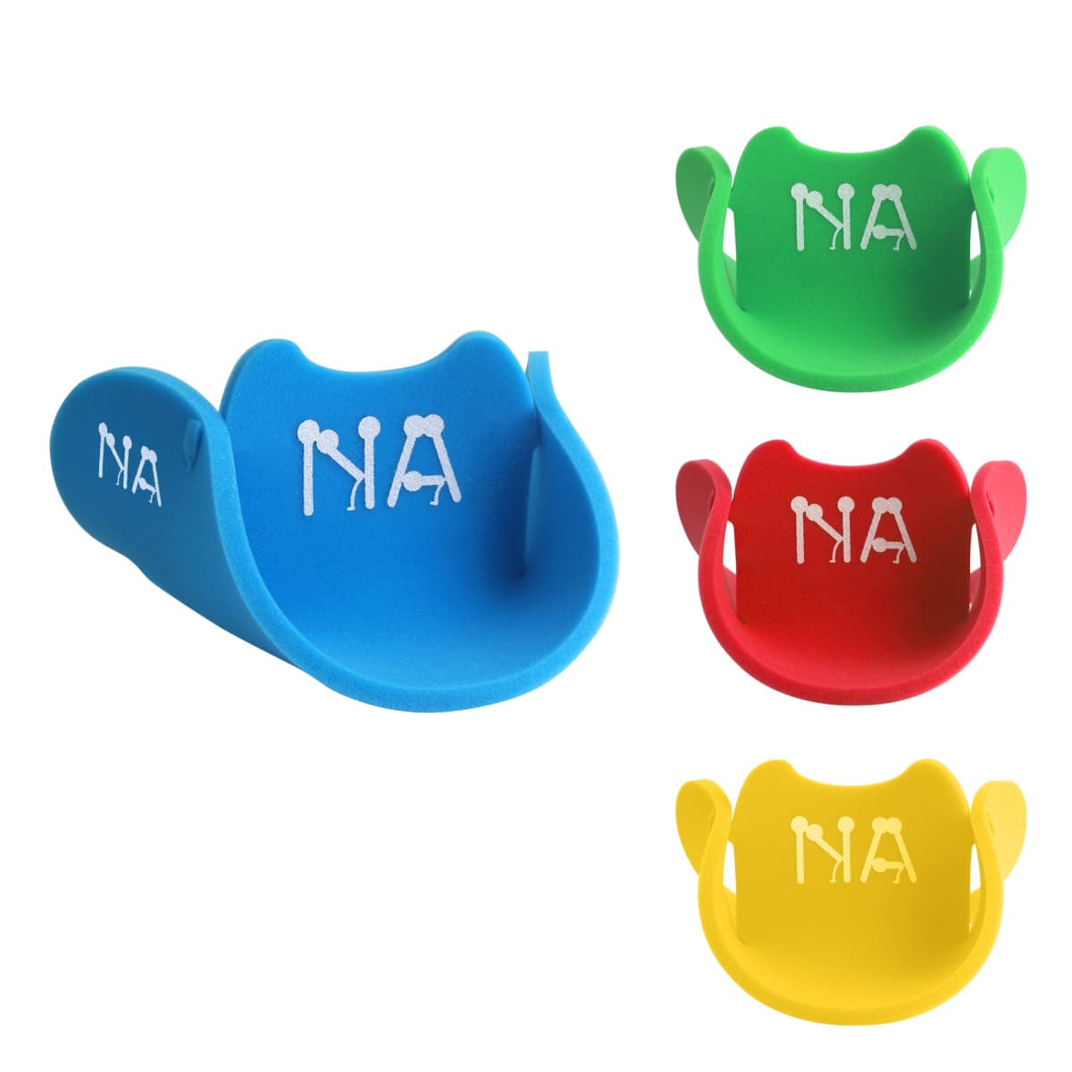 Four colorful faucet extenders in blue, green, yellow, and red, each with NA printed on them.