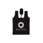 Black reusable tote bag with white geometric design and text REAL ESTATE beneath it. The bag is attached to a small black pouch.