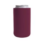 A silver beverage can is encased in a plain burgundy koozie. The image is set on a white background.