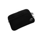 A black zippered pouch with a logo on the front. It features dual zippers on the top and is set against a white background.