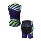 Front and back view of a cycling jersey and shorts set. The design features diagonal navy blue and green stripes with dotted patterns. The shorts have a padded seat and a logo on the right side.