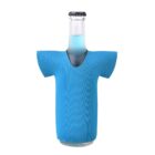 A bottle wrapped in a blue, T-shirt-shaped cooler sleeve. The sleeve covers the bottle up to the neck, resembling a tiny shirt. The bottle cap is visible at the top.
