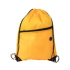 A bright yellow drawstring bag with a front zipper pocket. It has black cords and a small circular decoration on the lower side. The bag is simple and functional, suitable for carrying light items.