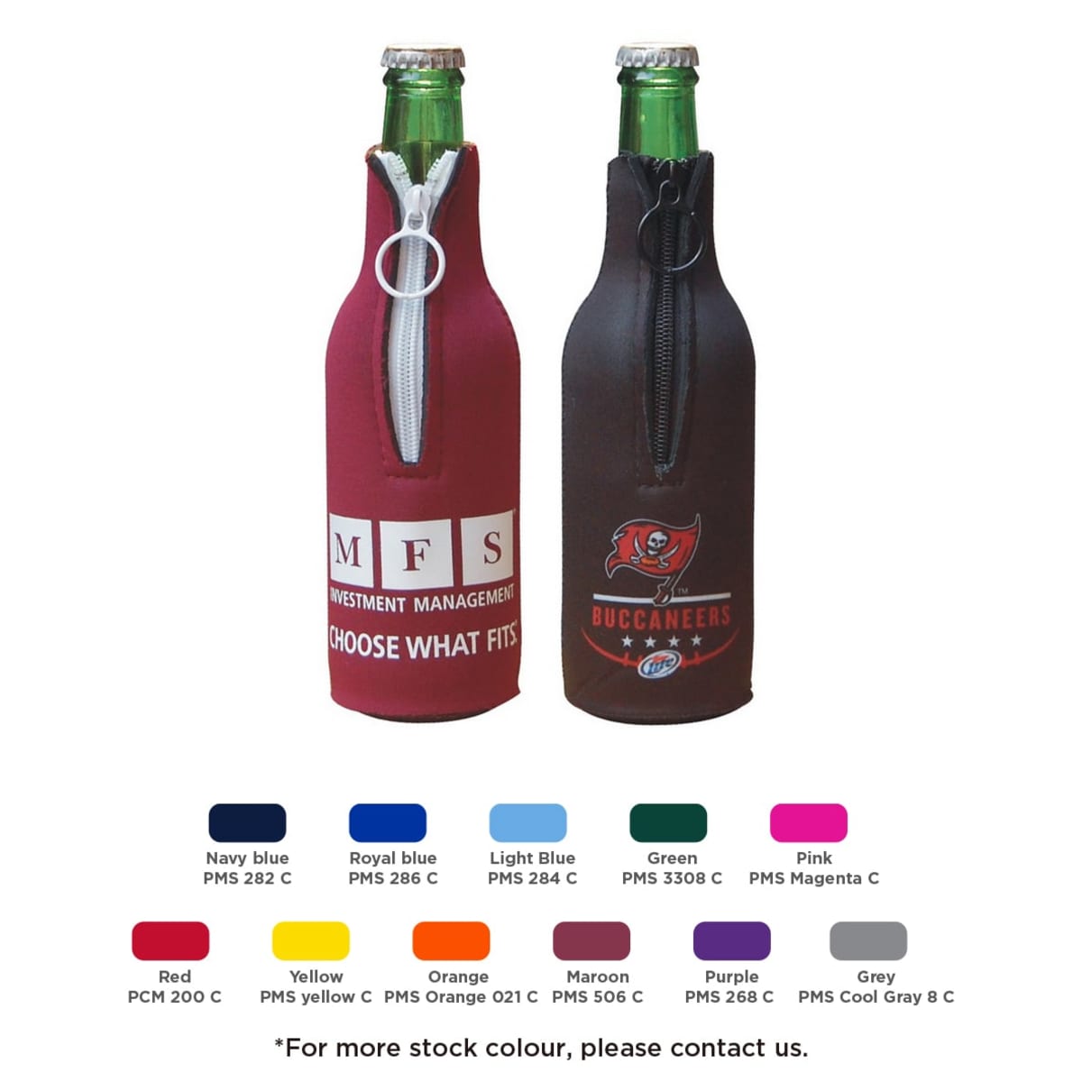 Two bottles in zippered koozies, one red with MFS Choose What Fits text, the other black with a sports team logo. Below are color options and PMS codes. Contact info for more colors is noted.