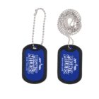 Two blue dog tags with black borders on ball chains. Both tags have the Mighty Milers logo and the phrase Run for Life printed in white.