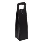 A black leather wine bottle carrier with white stitching and a handle on top.