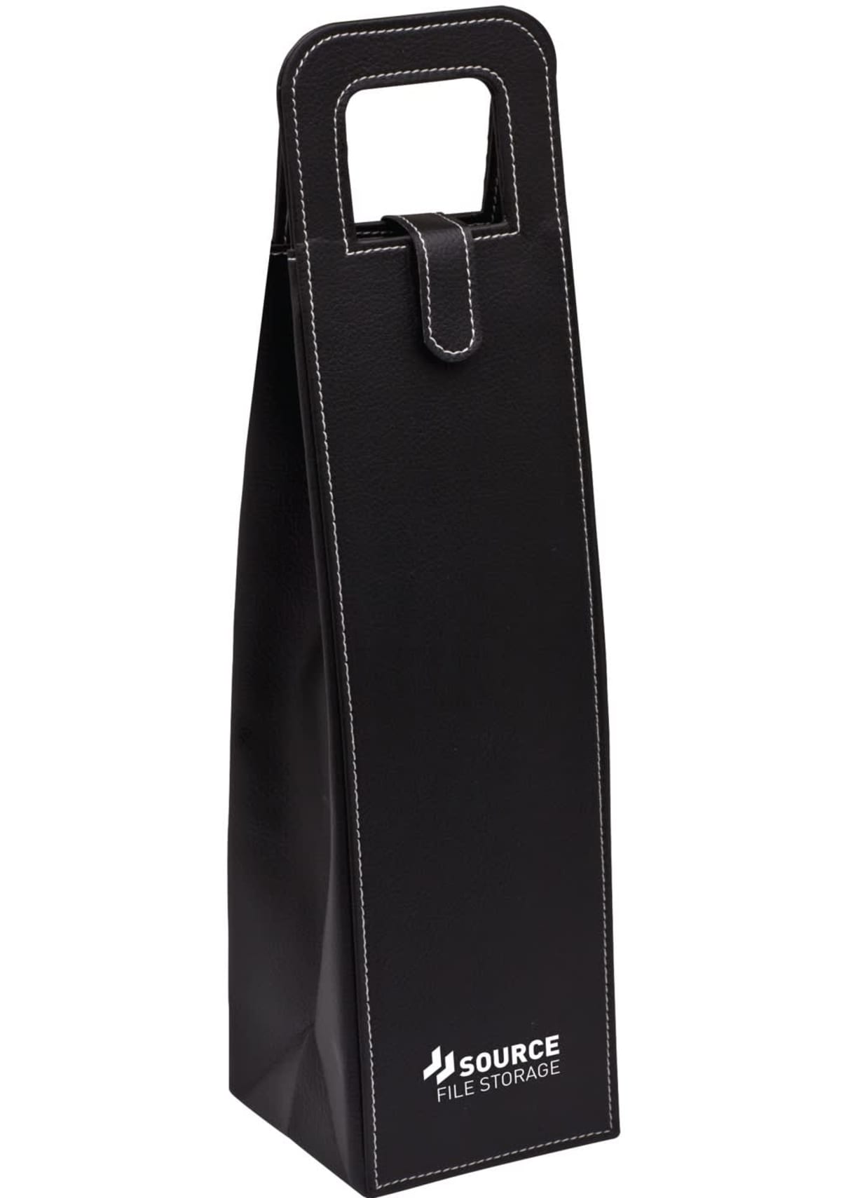 A black leather wine bag with white stitching, featuring a handle and a logo that reads SOURCE FILE STORAGE in white text. The bag is standing upright against a plain white background.