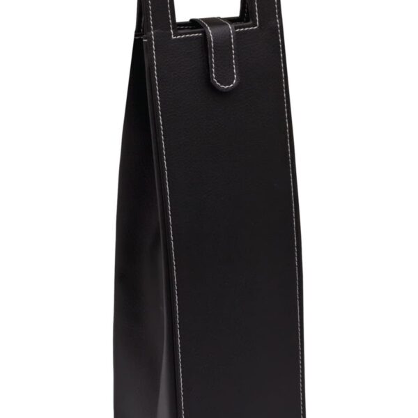 A tall, black leather wine carrier with white stitching and a handle at the top. The front displays the text Source File Storage in white.